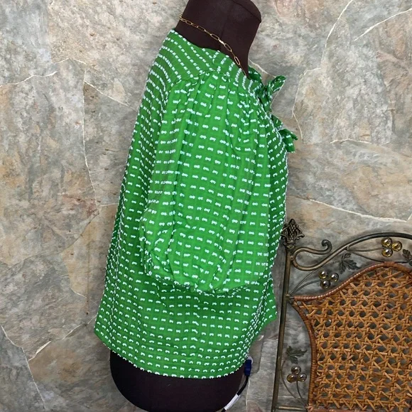 Kate Spade textured puff sleeve shirt top blouse tunic puff sleeves bow pleated - Picture 7 of 11